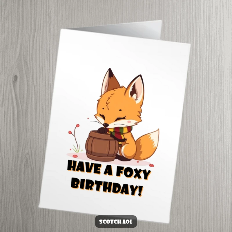 Funny Free Printable Birthday Card: A curious fox cub in a scarf sniffs a barrel, a charming downloadable gift for birthdays.