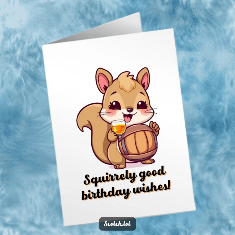 Funny Free Printable Birthday Card: Cheerful squirrel raises a miniature barrel of amber liquid in a birthday toast.