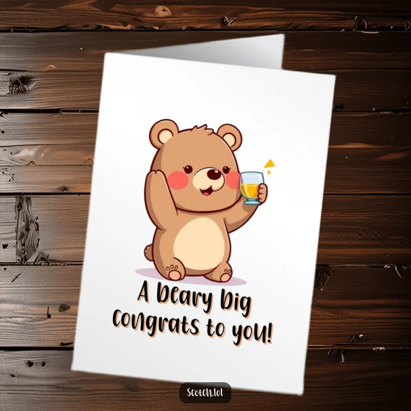Funny free printable congratulations card: A friendly bear character joyfully raises a small whisky glass in a celebratory toast.