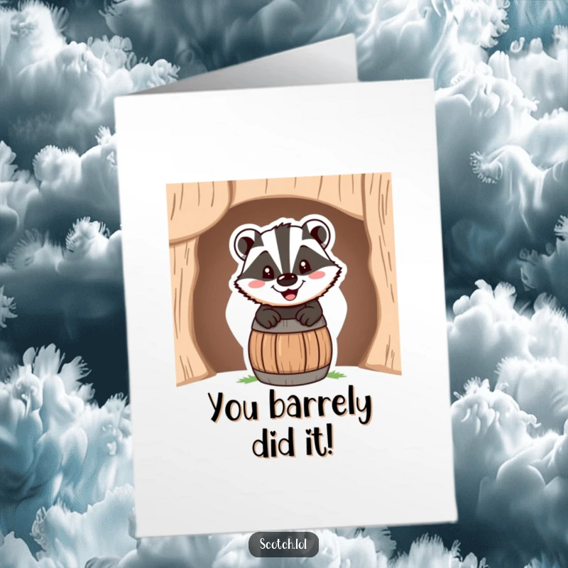 Funny Free Printable Congratulation Card: A happy badger peeking from a barrel, celebrating your amazing achievement with a big smile.