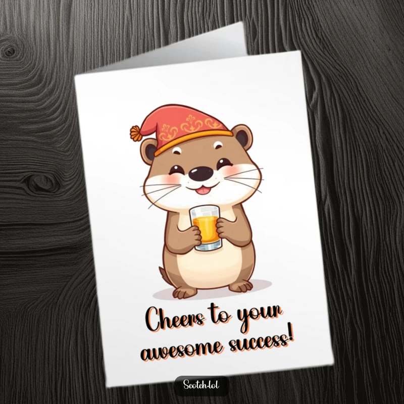 Funny Free Printable Congrats Card: Joyful otter wearing a hat clinks a whiskey glass in celebration.