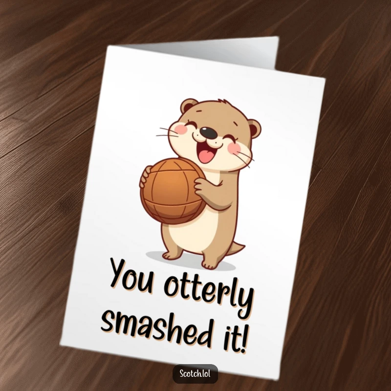 Funny Free Printable Congrats Card: A happy otter clutches a barrel, perfect for a humorous and celebratory downloadable greeting.