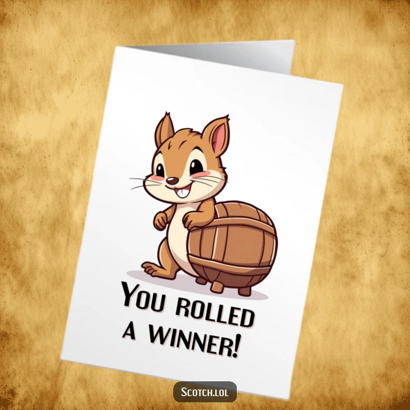 Funny Free Printable Congratulation Card: A determined squirrel rolling a tiny whiskey bottle barrel, celebrating your success with gusto.