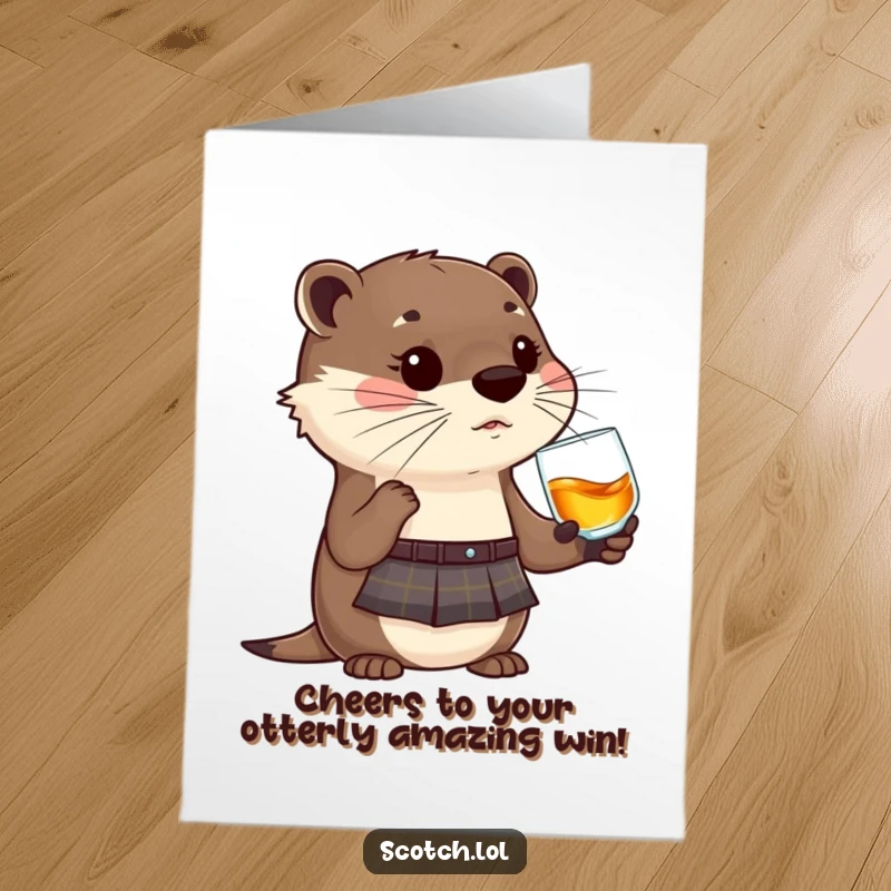 Funny free printable congratulations card: Adorable otter in kilt raises a whisky glass in a cheerful toast.