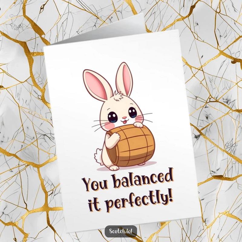 Funny Free Printable Congratulation Card: A playful rabbit with wide eyes balancing a small barrel on its nose, celebrating your amazing success.