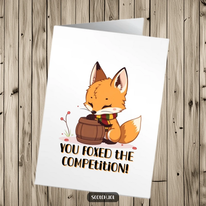 Funny Free Printable Congrats Card: Curious fox cub with a scarf sniffs a barrel, a witty downloadable greeting for achievements.