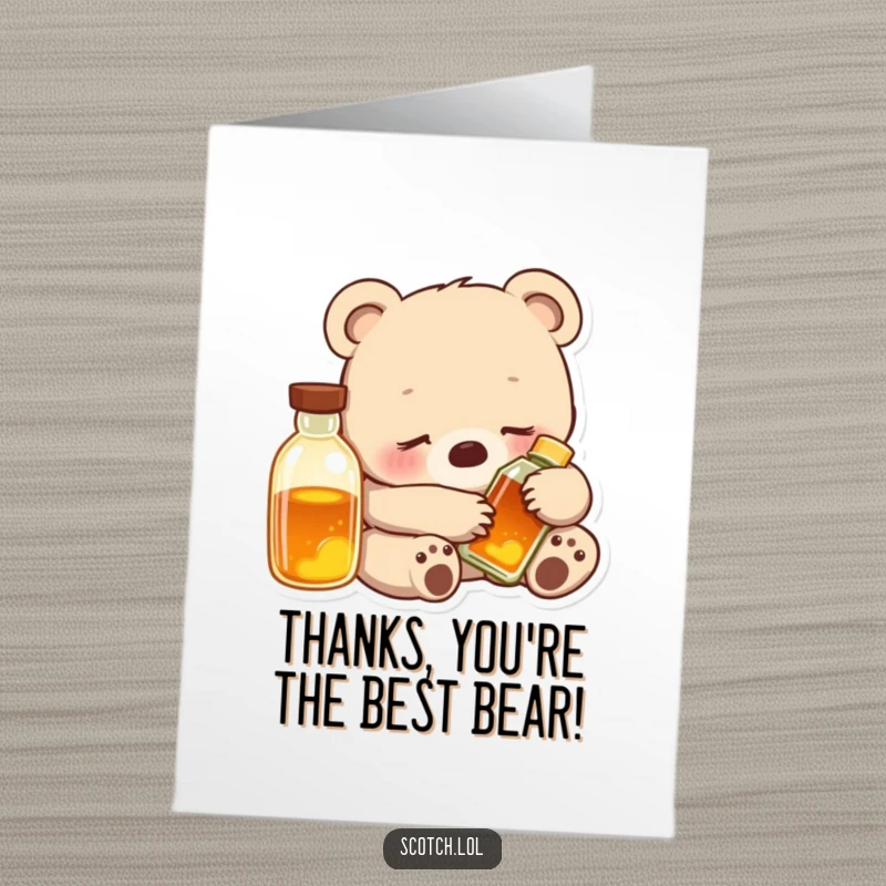 Sweet Free Printable Thank You Card: Content bear cub snuggles a glowing bottle, sending thanks.