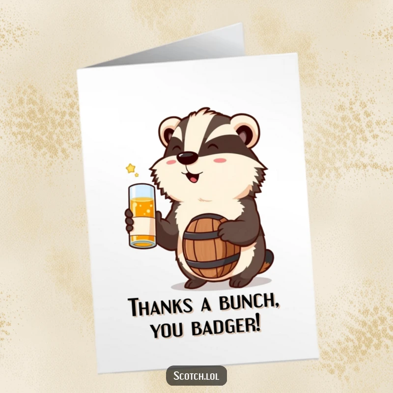 Funny free printable thank you card: A delighted badger character holds up a miniature whisky barrel, expressing thanks.