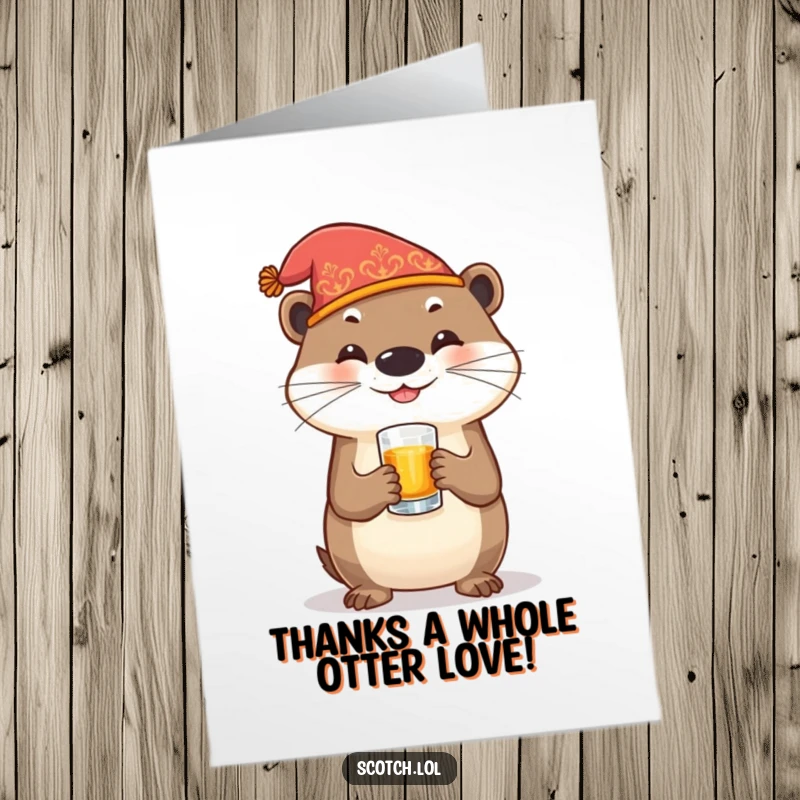Funny Free Printable Thank You Card: Cheerful otter in a party hat holds a whiskey glass, giving thanks.