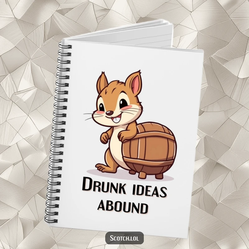 Funny Notebook featuring a smiling squirrel attempting to roll a tiny barrel shaped like a whiskey bottle.