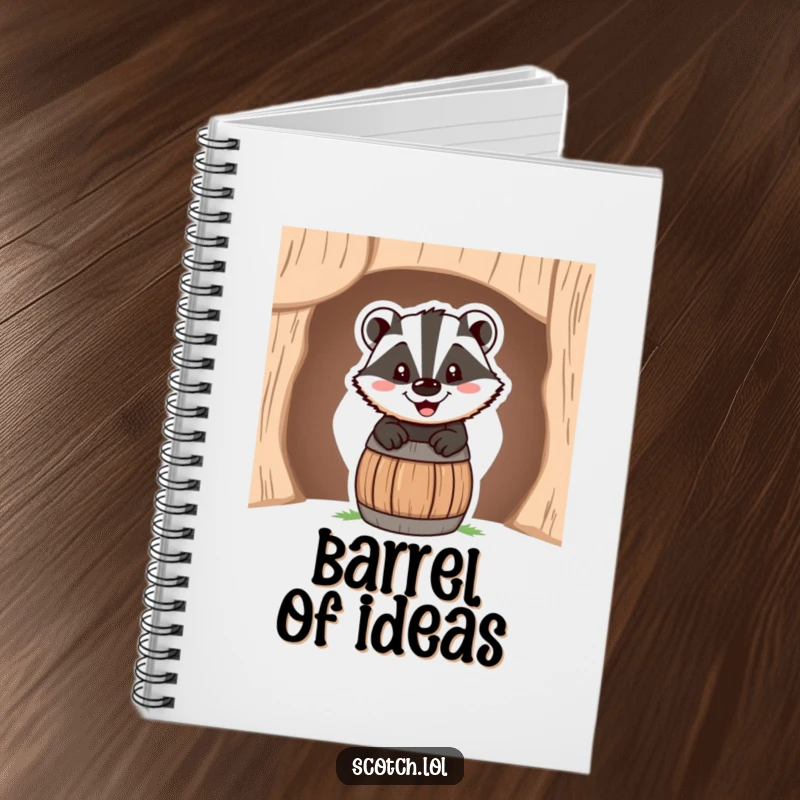 Funny Notebook featuring a happy badger with a cheerful grin peeking out of a miniature barrel, for notes.