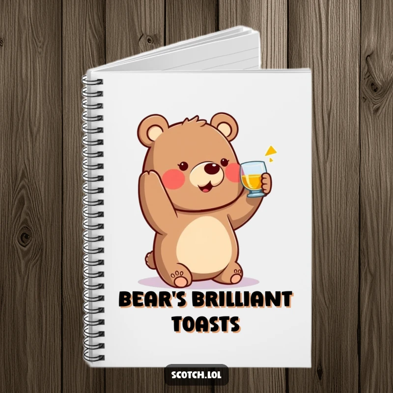 Funny Bear Notebook raising a small whisky glass in a toast, a humorous and practical stationery item.