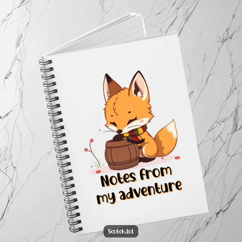 Funny fox cub notebook, perfect for writing, with a fox cub in a scarf sniffing a barrel, offering woodland inspiration.