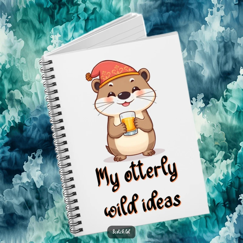 Funny Otter Notebook featuring a festive otter with a whiskey glass, ideal for jotting notes and party plans.