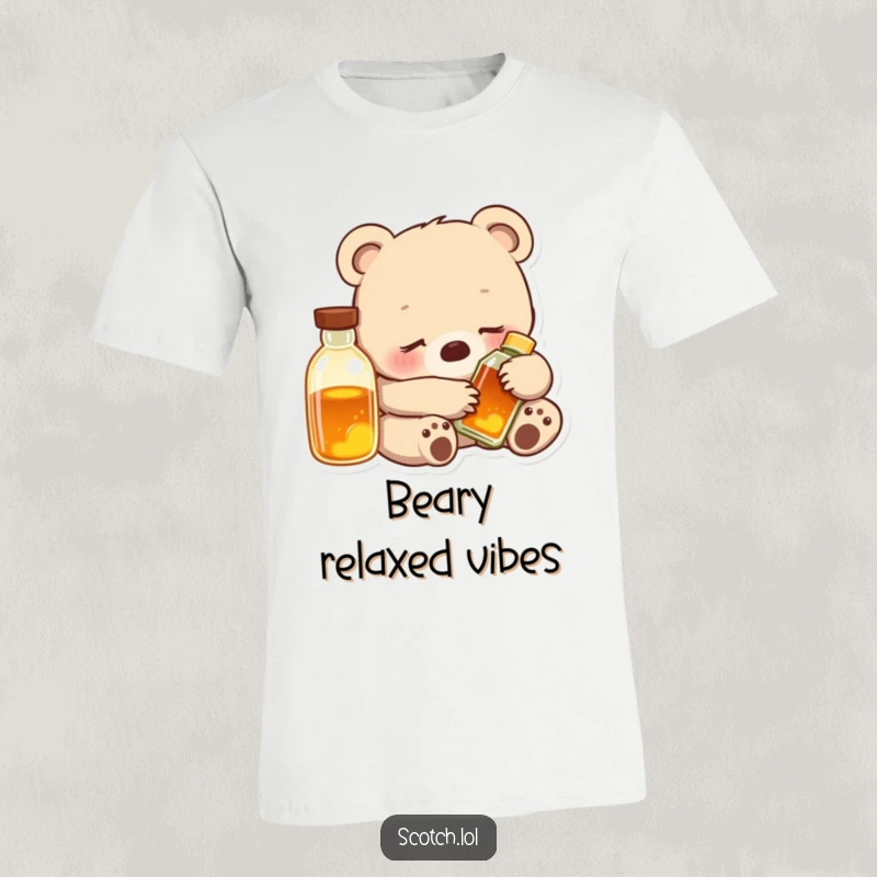 Funny Bear Cub T-Shirt featuring a contented cub snuggled with a glowing bottle, perfect for relaxation enthusiasts.