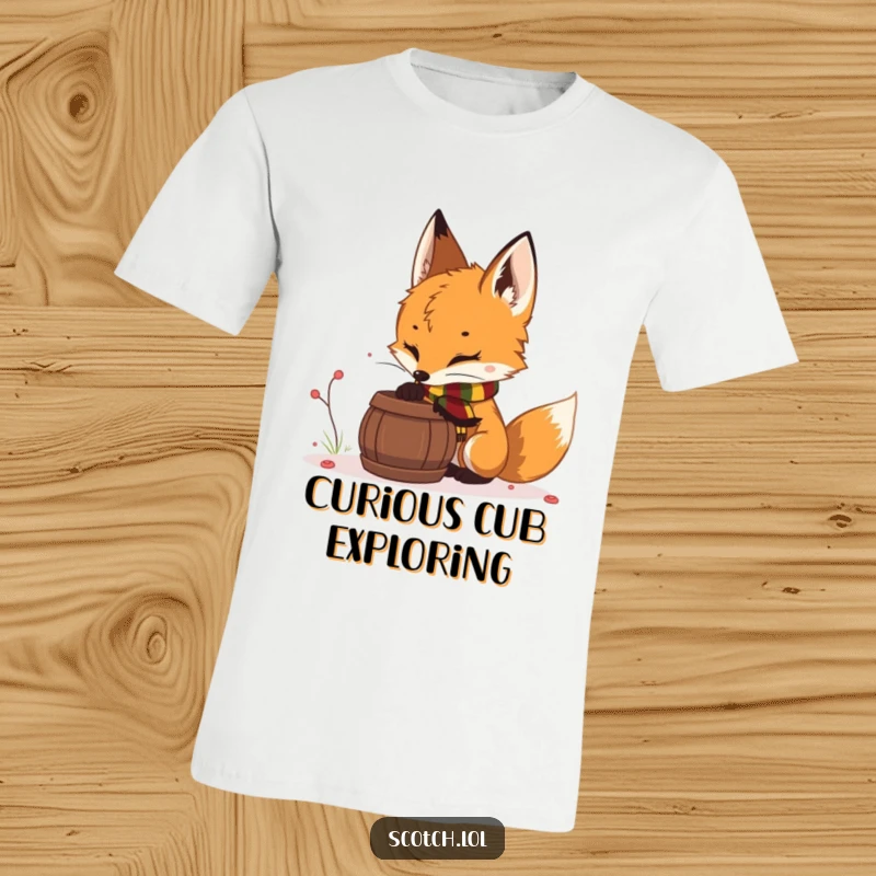 Funny fox cub t-shirt, a curious fox cub in a scarf sniffing a barrel, showcasing woodland charm and humor.