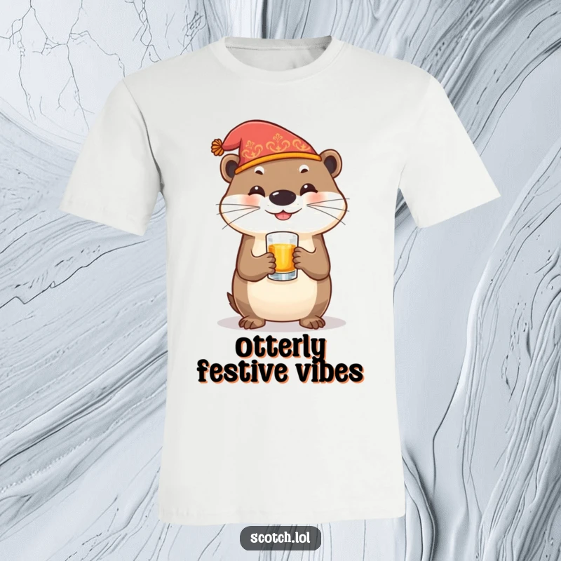 Funny Otter T-Shirt featuring a happy otter in a festive hat holding a whiskey glass, ideal for party lovers.