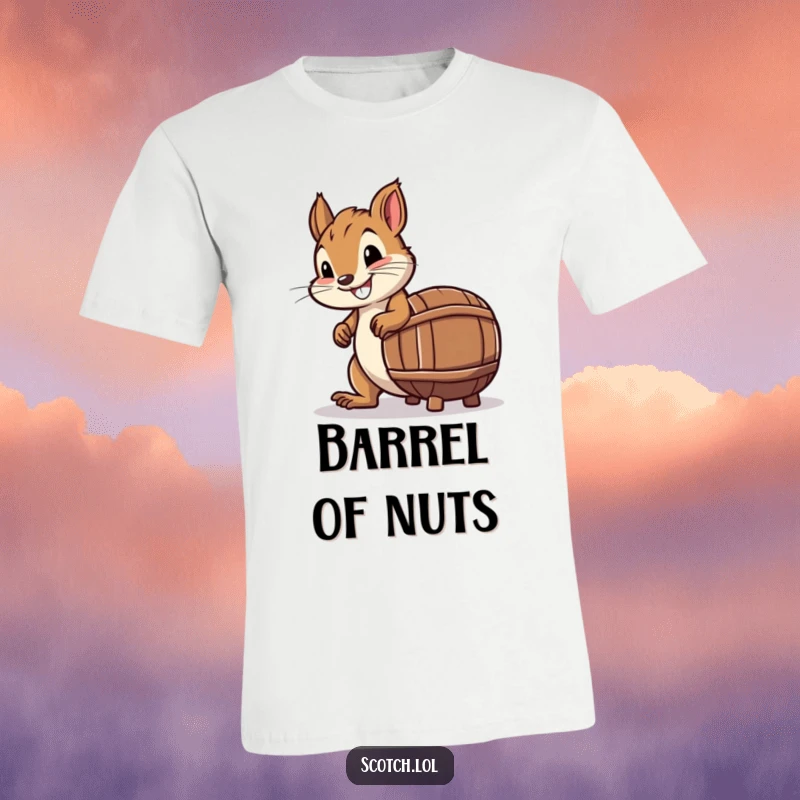 Funny T-Shirt depicting a smiling squirrel determinedly rolling a miniature whiskey bottle-shaped barrel.