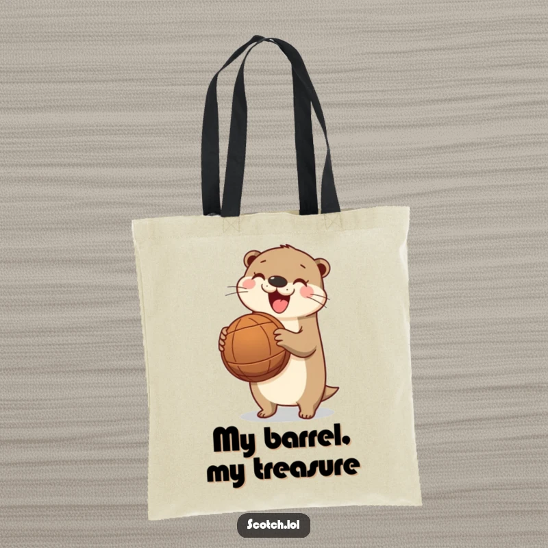 Funny otter tote bag, practical and stylish, with a happy otter holding a barrel, ideal for everyday use.