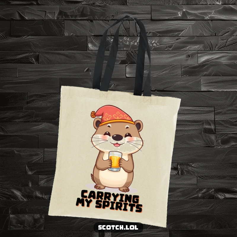 Funny Otter Tote Bag featuring a festive otter holding a whiskey glass, a stylish and humorous accessory.