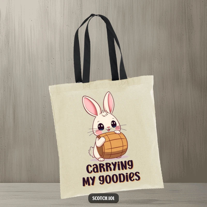 Funny Tote Bag with a playful rabbit with wide eyes balancing a small barrel on its nose.