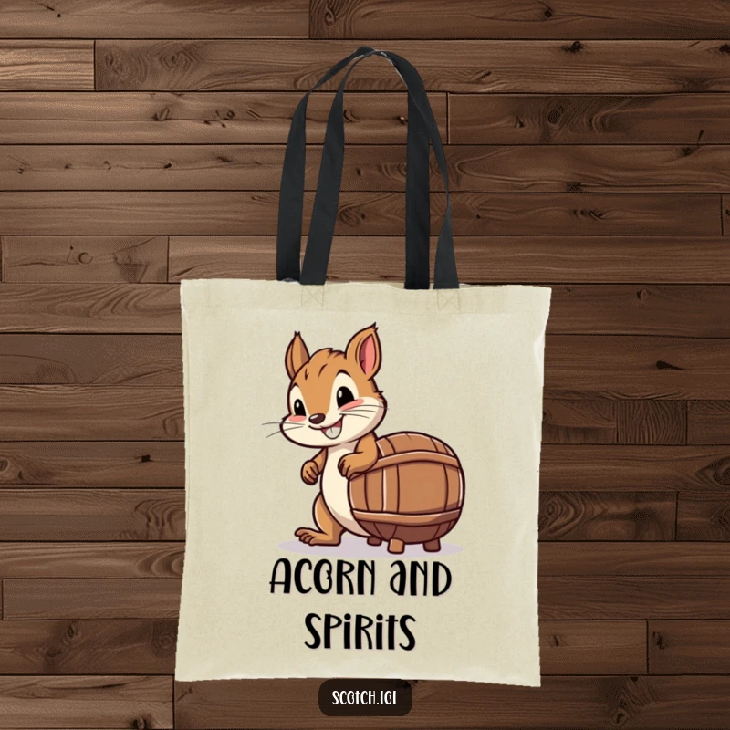 Funny Tote Bag with a smiling squirrel attempting to roll a tiny barrel shaped like a whiskey bottle.